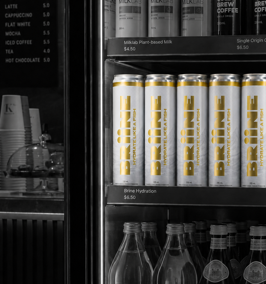 Fridge stocked with drinks including bottles, cans, and coffee pods.BRiiNE Hydration beverage. 